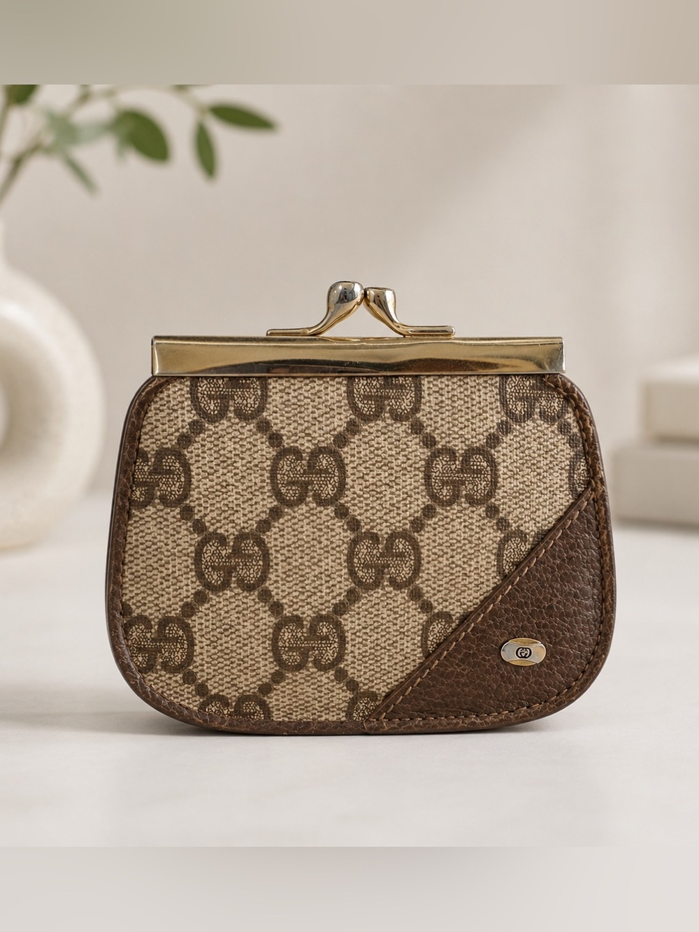 Gucci Beige and Brown GG Canvas Coin Purse with Gold-Tone Frame